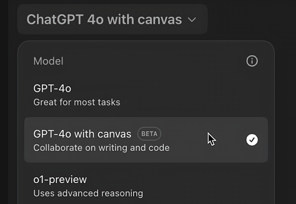 Войдите в ваш аккаунт ChatGPT. В списке доступных моделей выберите "ChatGPT 4 with Canvas"